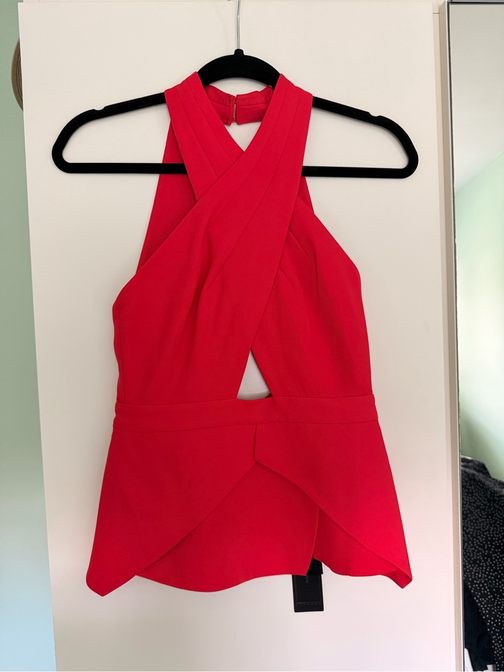 BCBG Red Crisscross Halter Peplum Top